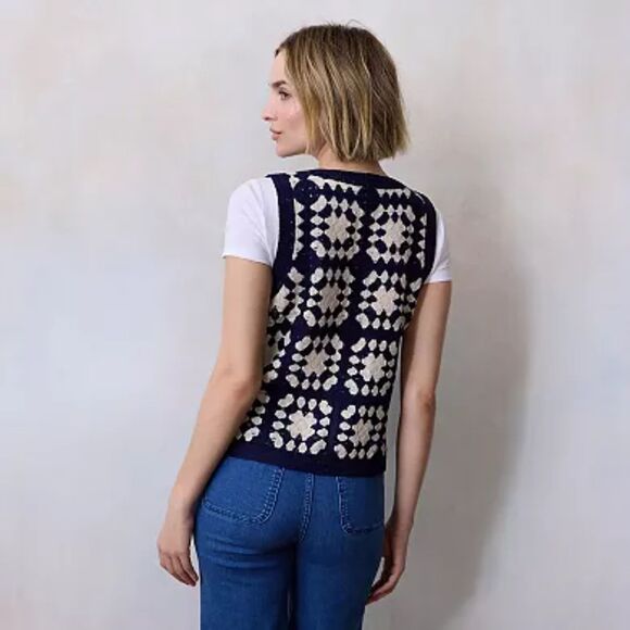 LC Lauren Conrad Granny Square Crocheted Vest Navy White XL - Picture 2 of 6